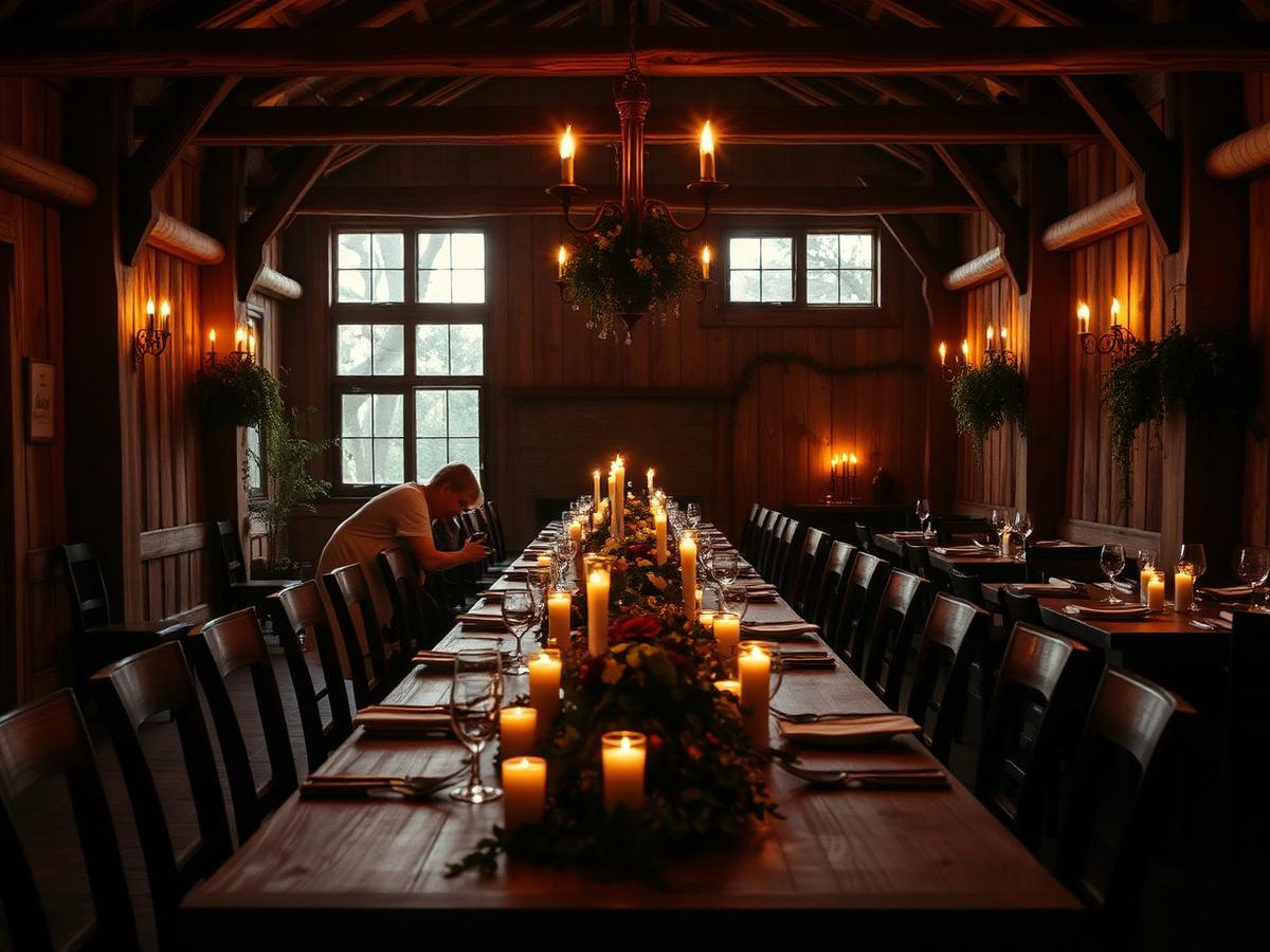 Slavnostně prostřený dlouhý stůl v sále restaurace
