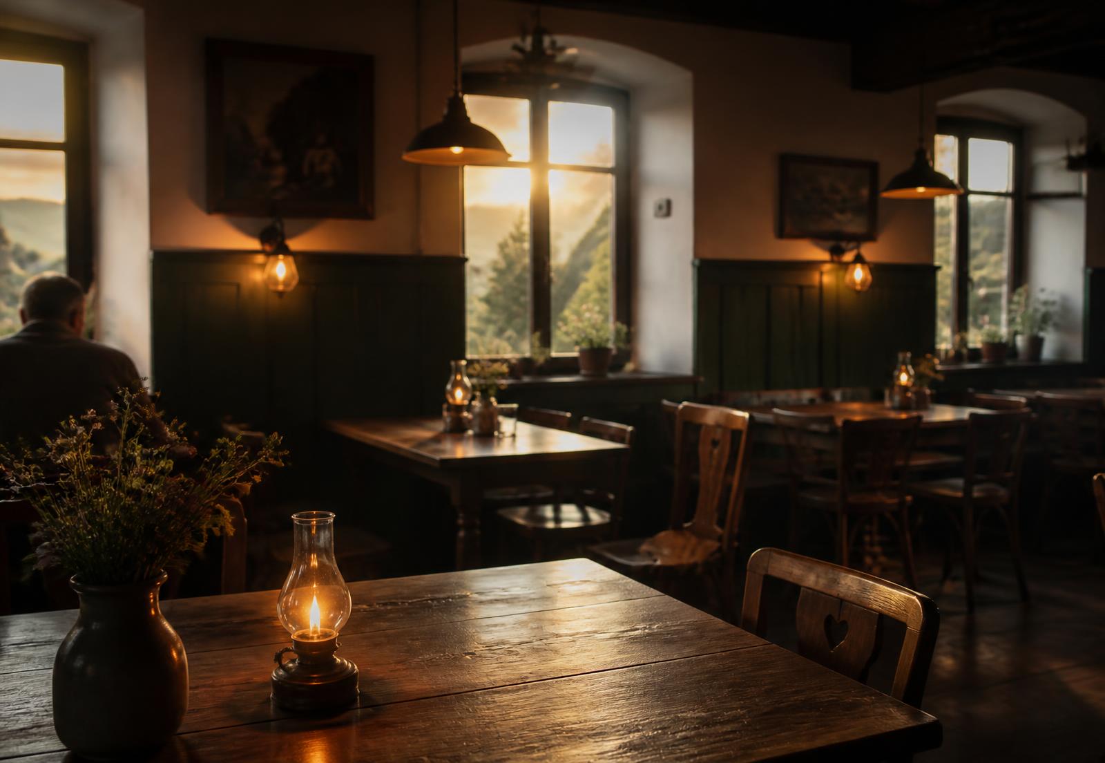 Interiér restaurace U Slaniny v podvečerním světle